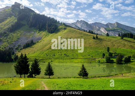 Lac des Confins et paysage de montagne à la Clusaz, haute-savoie, France Banque D'Images