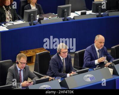 Strasbourg, France - 18 décembre 2019 : le président du Parlement européen, David Sassoli, sur la tribune lors de la session plénière Parlement européen Banque D'Images