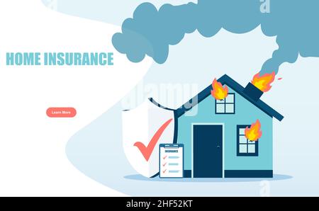 Vecteur d'une maison en feu avec une police d'assurance pour la protection contre les sinistres et les pertes matérielles Illustration de Vecteur