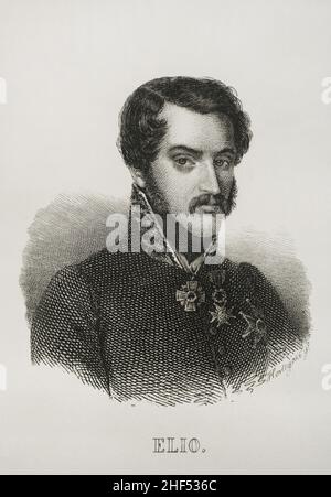 Joaquín Elío y Ezpeleta (1806-1876).Général espagnol qui a combattu du côté de la Carliste dans les trois guerres.Nommé duc d'Elio par le prétendeur au trône, Don Carlos.Portrait.Gravure par Hortigosa.Panorama Español, Crónica Contemporánea.Volume IIIMadrid, 1845. Banque D'Images