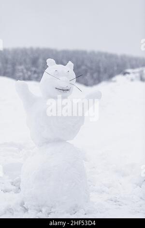 La figure de drôle bonhomme de neige dans le champ de neige Banque D'Images