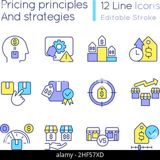 Principes et stratégies de tarification jeu d'icônes de couleur RVB Illustration de Vecteur