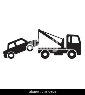 remorquage d'un simple camion de remorquage voiture en panne silhouette noire icône de vue latérale vecteur isolé sur fond blanc Illustration de Vecteur