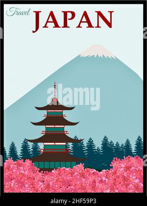 Poster voyage Japon avec pagode et Mont Fuji Banque D'Images