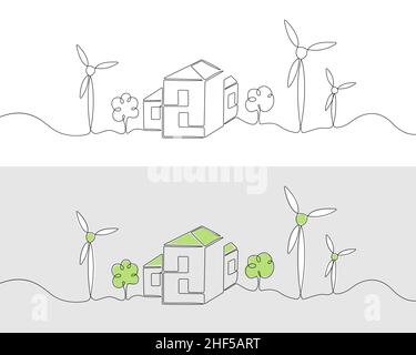 Un dessin de ligne de l'énergie éolienne, l'énergie renouvelable.Illustration vectorielle continue de sources alternatives isolées sur fond blanc. Illustration de Vecteur