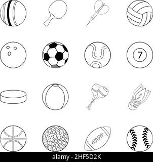 Les ballons de sport présentent des icônes de style contour isolées sur fond blanc Illustration de Vecteur