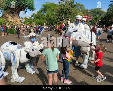 Les marionnettistes d'ours polaires, masqués pour le protocole COVID, divertissent les jeunes invités dans le cadre du spectacle de marionnettes grandeur nature Merry Menagerie au Disneys Animal Kingdom, le jeudi 30 décembre 2021, avec les parcs thématiques Walt Disney Worlds four Florida remplis à grande capacité pour les vacances de la Nouvelle-Years à Lake Buena Vista,En Floride, jeudi après-midi, Animal Kingdom était le seul parc où des réservations étaient disponibles pour les détenteurs de billets, les clients du complexe Disney et les passe-temps annuels pour la Saint-Years, le 31 janvier.(Photo de Joe Burbank/Orlando Sentinel) Banque D'Images