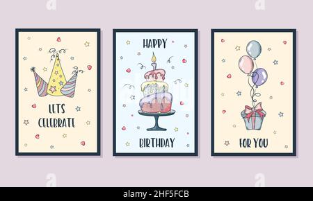 Ensemble de cartes de vœux d'anniversaire.Cartes cadeau d'anniversaire. Illustration de Vecteur