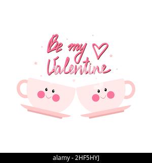 Deux adorables mugs roses avec le visage, jour de la Saint Valentin.Illustration vectorielle de style dessin animé plat Illustration de Vecteur
