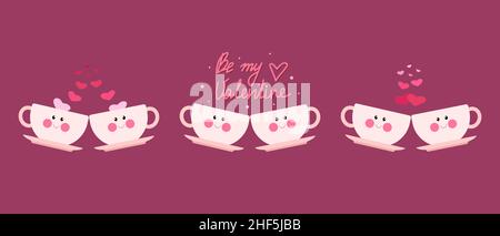 Seth deux adorables mugs roses avec visages, jour de la Saint Valentin.Illustration vectorielle de style dessin animé plat Illustration de Vecteur