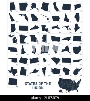 Les formes d'état simplifiées des États-Unis unifient les États d'amérique ensemble de 50 cinquante illustrations vectorielles Illustration de Vecteur