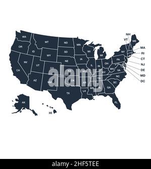Carte des etats-unis précise et simplifiée avec États séparés avec codes d'état vecteur électoral politique isoalté sur fond blanc Illustration de Vecteur