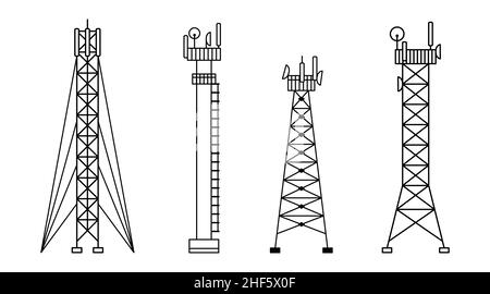 Ensemble vectoriel d'illustrations de différentes constructions de tours cellulaires.5G, 4G distribution du signal.Internet.Technologies modernes.Contour Illustration de Vecteur