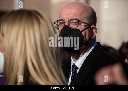 Rome, Italie.14th janvier 2022.Charles Michel, Président du Conseil européen, assiste aux funérailles d'État du Président du Parlement européen, David Sassoli, dans la Basilique Santa Maria degli Angeli e dei Martiri, à Rome.David Sassoli meurt le 11th janvier 2022 à l'âge de 65 ans après une « fonction de son système immunitaire ».Crédit : LSF photo/Alamy Live News Banque D'Images