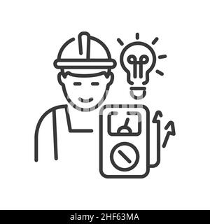 Électricien - conception de ligne vectorielle icône isolée unique sur fond blanc.Pictogramme noir de haute qualité.Homme adulte dans un casque prêt à tester l'amper Illustration de Vecteur