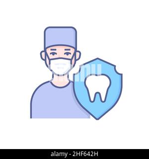 Dentiste profession - moderne coloré ligne design style icône sur fond blanc.Une image nette et détaillée du médecin dans le capuchon, le masque et l'uniforme.Soins dentaires, p Illustration de Vecteur