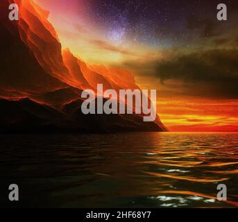 Magnifique coucher de soleil sur les rochers contre le ciel et réflexions dans l'eau.3d illustration Banque D'Images