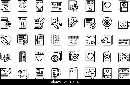 Les icônes de passeport sanitaire définissent le vecteur de contour.Seringue de vaccin.Injection Covid Illustration de Vecteur