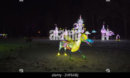 Pakruojis Manor, Lituanie - 8 janvier 2022 : les sculptures de lanterne apportent le toucher du pays des merveilles, un monde d'illusions et de magie, des millions d'ampoules à Severa Banque D'Images