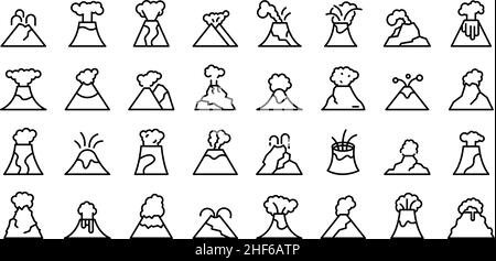 Les icônes d'éruption volcanique définissent le vecteur de contour.Escalade aventure.Volcan actif Illustration de Vecteur