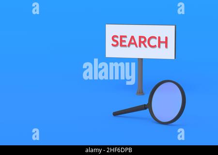Loupe près du panneau d'affichage avec recherche de mot.Publicité d'agence de détective.Trouvez quelque chose.Recherchez une solution d'entreprise.Trouver le problème.Station santé Copy Banque D'Images