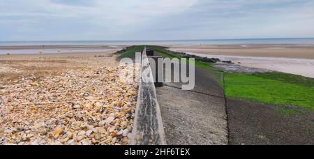 Groyne sur la plage de Houlgate, France, Normandie, Calvados, Côte fleurie, Banque D'Images