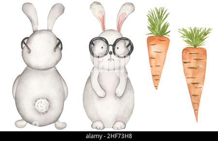 Lapin et carottes Clipart, Aquarelle dessin à la main joli lapin de la forêt animal, Lilastration lapin de Pâques, ensemble de fête heureux, motif carte, douche bébé Banque D'Images