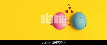 Couple dans les oeufs d'amour sur fond jaune.Nourriture biologique saine et naturelle.Vue de dessus, plat, espace de copie.Bannières ou carte de vœux adorables Banque D'Images