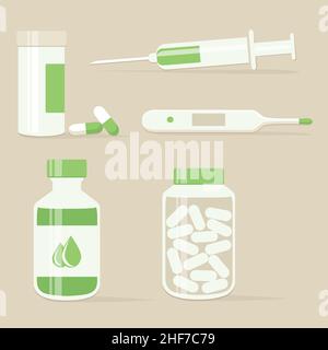 seringue, pilules, sirop et thermomètre, illustration vectorielle Illustration de Vecteur