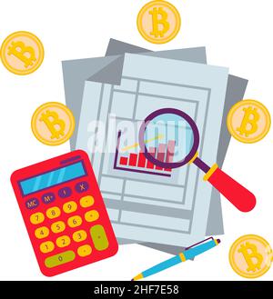 La crypto-monnaie Bitcoin est une entreprise de monnaie numérique avec des badges en or.Calculatrice, documents, loupe. Illustration de Vecteur