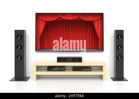 Kit Home Cinema avec rideaux rouges, illustration 3D Banque D'Images