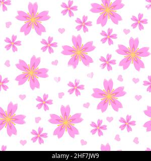 Motif fleuri Sakura sans couture.Imprimé cerises japonais.Motif floral romantique de printemps dans un style de dessin animé plat. Illustration de Vecteur