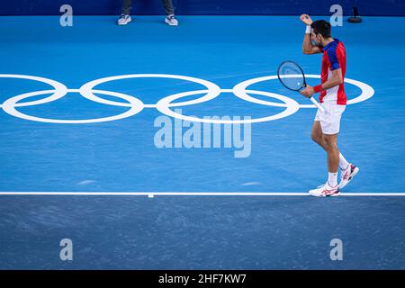 Tokyo, Japon.31st juillet 2021.Jeux Olympiques: Match de tennis entre Novak Djokovic et Pablo Carreño pour la médaille de bronze à l'arène Ariake.© ABEL F. ROS Banque D'Images