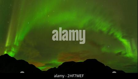 Panorama, Norvège, Lofoten, Vestvagøya, Eggum,lumières polaires, silhouette de montagne Banque D'Images