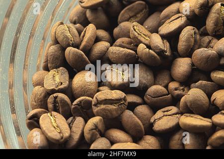 Grains de café fraîchement torréfiés déversés d'un pot en verre Banque D'Images