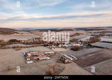 Allemagne, Thuringe, Stadtilm, quartier Griesheim, village,entreprise agricole, parc industriel, champs, vue d'ensemble, vue aérienne Banque D'Images