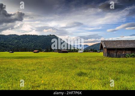 Vue sur Wallgau avec Krepelschrofen, derrière lui le Herzogstand, en premier plan plusieurs granges de foin sur les prés verts, Bavière, Allemagne Banque D'Images