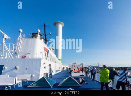 Rostock, ferry Scandilines 'Copenhague', navire rotor avec rotor de Flettner à Ostsee (Mer Baltique), Mecklembourg-Poméranie-Occidentale, Allemagne Banque D'Images