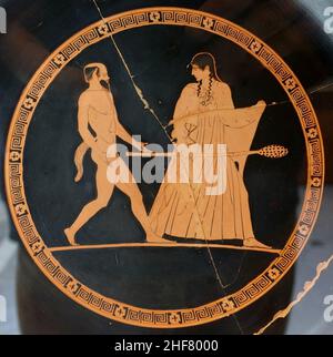 Satyr et maenad, Attic Red-figure kylix, par l'Euaion Painter, 460-450 av. J.-C. Banque D'Images