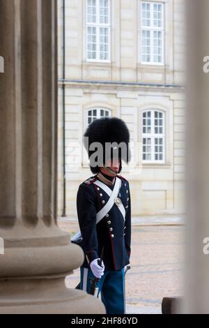 Copenhague, Koebenhavn, Garde royale, relève de la garde devant le palais Amalienborg, fusil M16 en Zélande, Sealand, Sjaelland, Danemark Banque D'Images