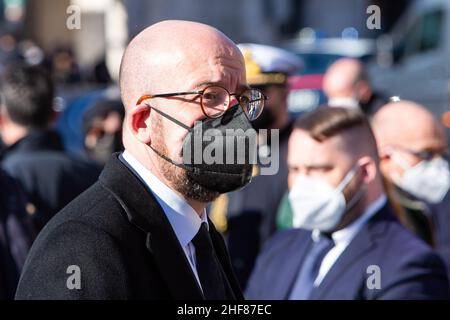 Rome, Italie.14th janvier 2022.Charles Michel, Président du Conseil européen, assiste au funérailles d'État de David Sassoli, ancien président du Parlement européen.La cérémonie funèbre du regretté président du Parlement européen David Sassoli à la basilique de Santa Maria degli Angeli e dei Martiri.(Photo de Stefano Costantino/SOPA Images/Sipa USA) Credit: SIPA USA/Alay Live News Banque D'Images