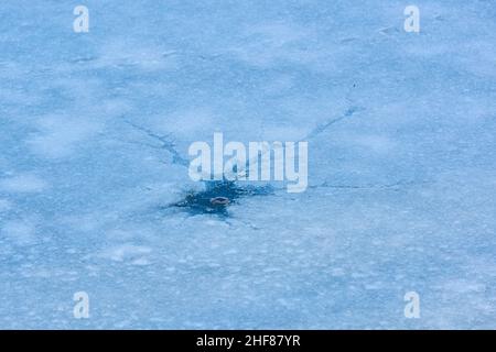 Trou et fissures dans une glace sur un lac, Bavière, Allemagne Banque D'Images