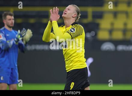 Dortmund, Allemagne.14th janv. 2022. Firo : 01/14/2022, Fuvuball, 1.Bundesliga, saison 2021/2022, BVB,Borussia Dortmund - SC Freiburg Gesture, Erling Haaland, BVB/dpa/Alamy Live News Banque D'Images