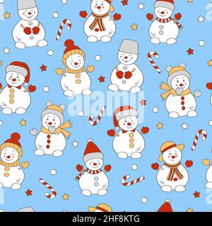 Motif vectoriel sans coutures avec de jolis bonhommes de neige de Noël en chapeaux d'hiver sur fond bleu clair Illustration de Vecteur