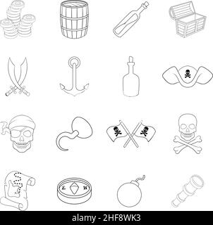 Les symboles de culture pirate définissent des icônes de style contour isolées sur fond blanc Illustration de Vecteur