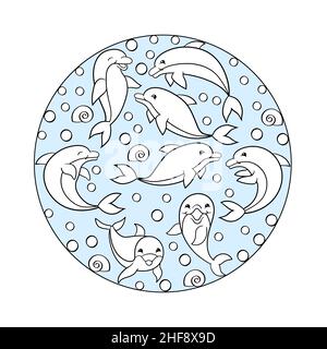 Page de coloriage vectoriel avec de jolis dauphins dans une sphère bleue Illustration de Vecteur