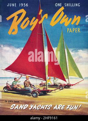 Couverture avant du magazine vintage du Boy's Own Paper pour juin 1956, avec une illustration des yachts terrestres. Banque D'Images