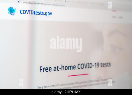 Morgantown, WV - 14 janvier 2022 : capture d'écran du nouveau site Web du gouvernement fédéral pour commander les tests gratuits Covid-19 à la maison Banque D'Images