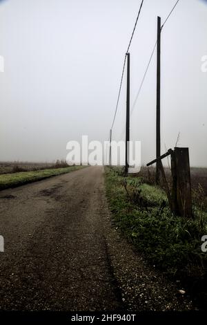 Route de campagne avec une ligne électrique tête et un bar à côté de lui lors d'une journée brumeuse dans la campagne italienne en hiver Banque D'Images