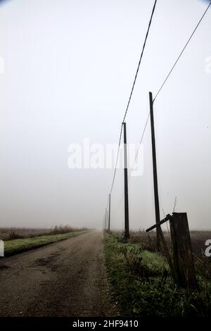 Route de campagne avec une ligne électrique tête et un bar à côté de lui lors d'une journée brumeuse dans la campagne italienne en hiver Banque D'Images